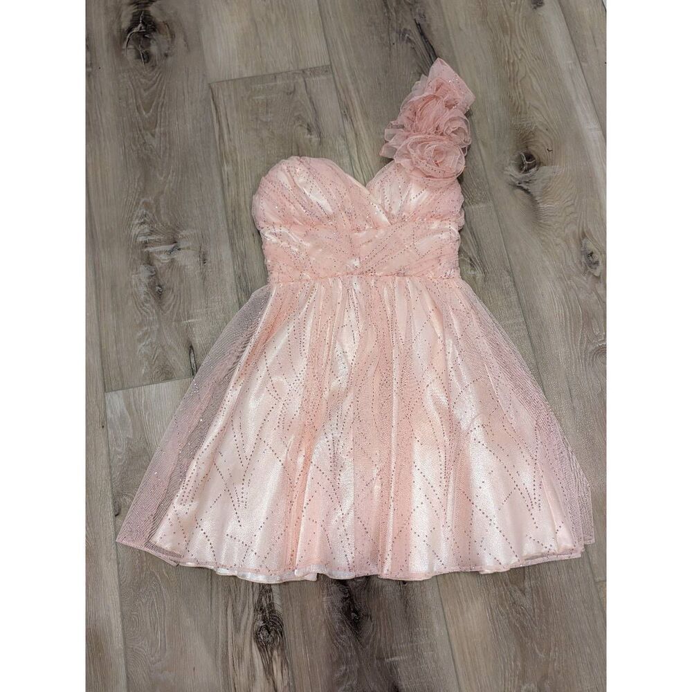 B. Smart One Shoulder Tulle Party Dance Dress Blush Pink Rosette Size 7/8 USA